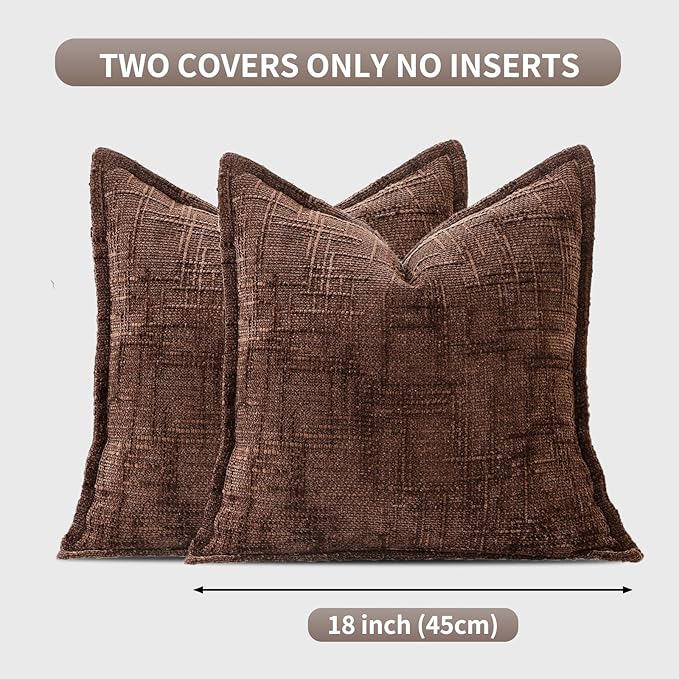 HPUK Fall Chenille Soft Throw Pillow Covers 18x18 Set of 2, Accent Cushion Covers for Living Room, Bedroom, Decorative Solid Color Pillow Covers for Couch, Sofa, Chair, Chocolate