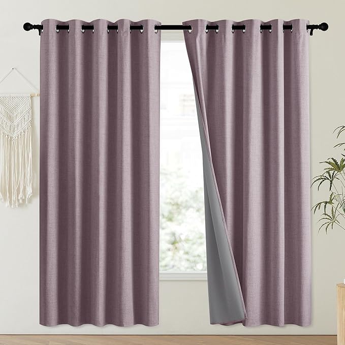 NICETOWN Chaise Mauve Vintage Linen 100% Blackout Curtains for Playroom, Thermal Insulated Curtains 72" Long, Noise Reducing Window Treatment Drapes for Laundry Room, 62" Wide Per Panel, Set of 2