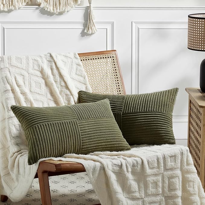 Fancy Homi 2 Packs Olive Green Lumbar Decorative Throw Pillow Covers 20x28 Inch for Living Room Couch Bed, Farmhouse Boho Home Decor, Soft Striped Corduroy Rectangle Accent Cushion Case 50x70 cm
