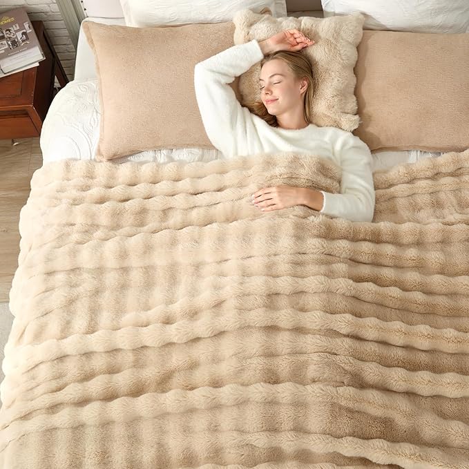 Cozy Bliss Faux Fur Throw Blanket for Couch, Bubble Plush Blanket Queen Size, Fuzzy Soft & Thick Blanket for Bed Sofa Living Room, 90x90 Inches Beige
