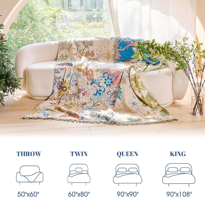 MSGKV Boho Throw Blanket for Couch Cotton Floral Blanket 50"x60" Throws for Sofa Chair Muslin Spring Breathable Lightweight Farmhouse Blankets Home Decor All Seasons