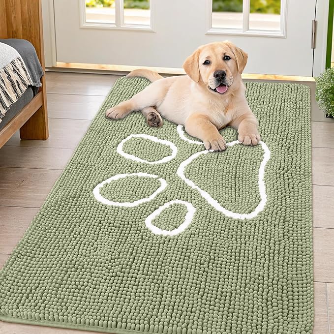 Smiry Dog Door Mat for Muddy Paws, Absorbent Dirt Trapper Non Slip Quick Dry Washable Chenille Mat for Mud Dogs, Entry Rug for Indoor and Outdoor (47x32 Inches, Sage Green and White)