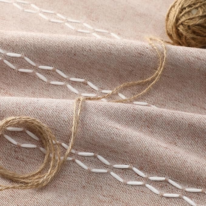 Taupe Boho Blackout Curtains 2 Panels 84 Inch for Living Room Bedroom, Blush Beige Warm Linen Texture Farmhouse Curtains with Tassels and White Cotton Embroidery Vintage Rustic Country Western