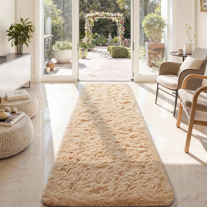Ophanie 2x8 Runner Rug for Hallway, Upgrade Non-Slip Fluffy Soft Bedside Rugs, Bedroom Living Room Beige Shaggy Carpet for Kids Girls Boys Dorm Nursery Home Decor Aesthetic