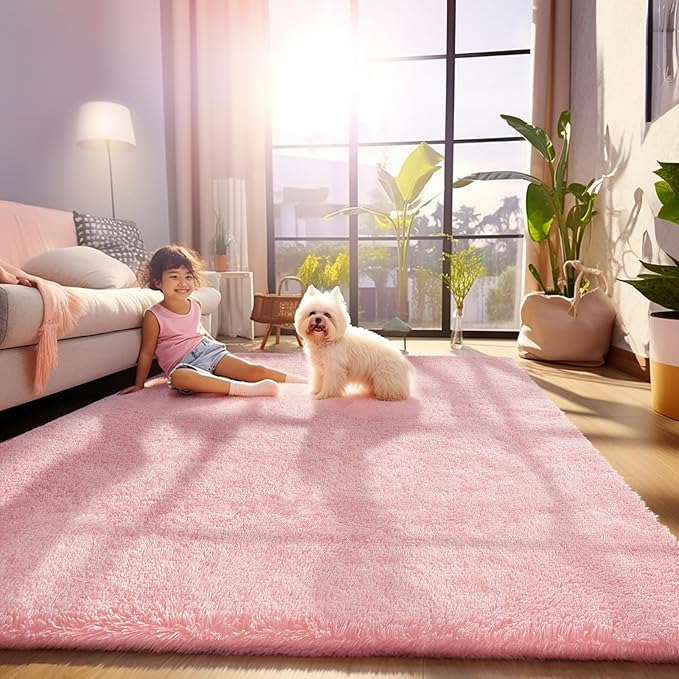 Ophanie Pink Area Rugs for Bedroom Girls, 6x9 Kids Fluffy Fuzzy Furry Shag Carpet, Plush Soft Cute Baby Shaggy Bedside Indoor Floor Rug for Teen Dorm Home Decor Aesthetic, Nursery