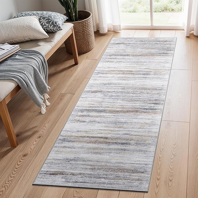 2x7 Washable Runner Rugs for Hallway: Easy-to-Clean Abstract Runners for Entryway Bedroom - Stain and Water Resistant Rugs with Non-Slip Backing - Soft Low-Pile Carpet Beige Grey