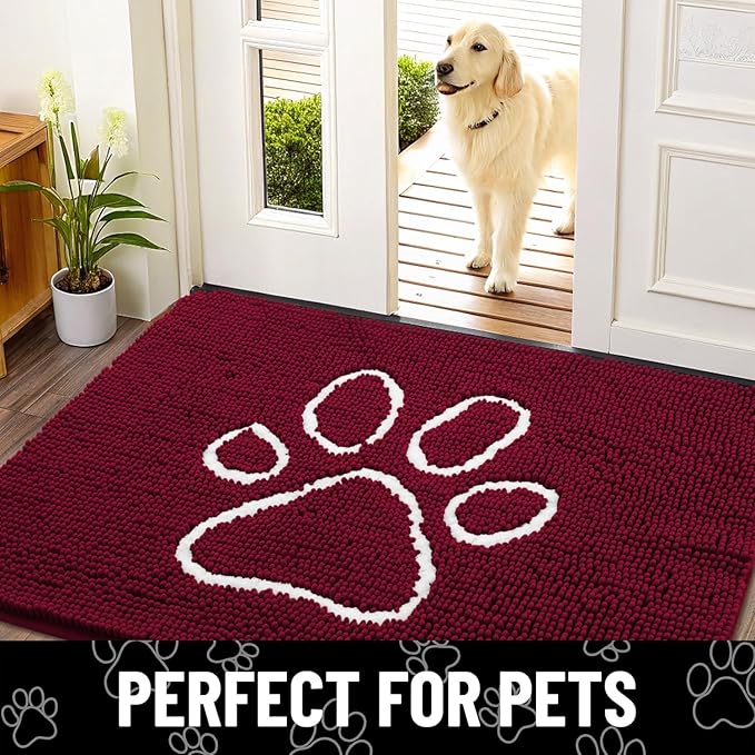 Smiry Dog Door Mat for Muddy Paws, Absorbent Dirt Trapper Non Slip Quick Dry Washable Chenille Mat for Mud Dogs, Entry Rug for Indoor and Outdoor (36x24 Inches, Burgundy and White)