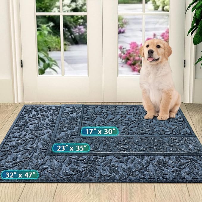 Bulijojo Sturdy Front Entrance Doormats,Durable Heavy Duty Welcome Mat,Thick Absorbent Natural Rubber Non Slip Mat,Easy Clean Entryway Mat Leaves Blue 23"x35"