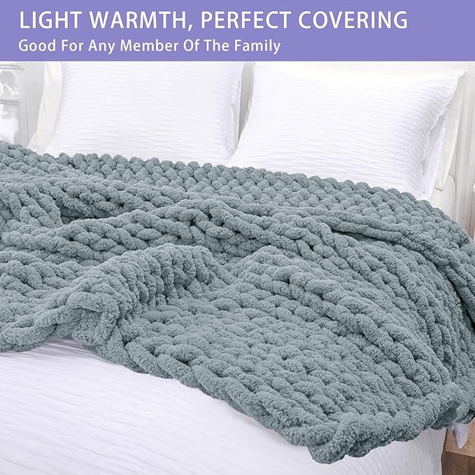 Bigacogo Chunky Knit Throw Blanket for Couch, 40x60 inches, 100% Hand Knitted with Thick Jumbo Chenille Yarn, Cozy Soft Large Rope Knot Cable Crochet Blankets for Sofa Bed Living Room, Dusty Blue
