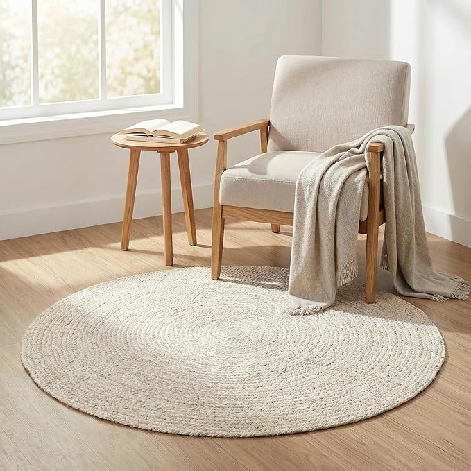 Hausattire Hand Woven Jute Braided Rug, 4’ Round – Off White, Reversible Boho Entry Area Rugs for Kitchen, Living Room, Nursery I Farmhouse Decorative Floor Rug, 4 Feet Round