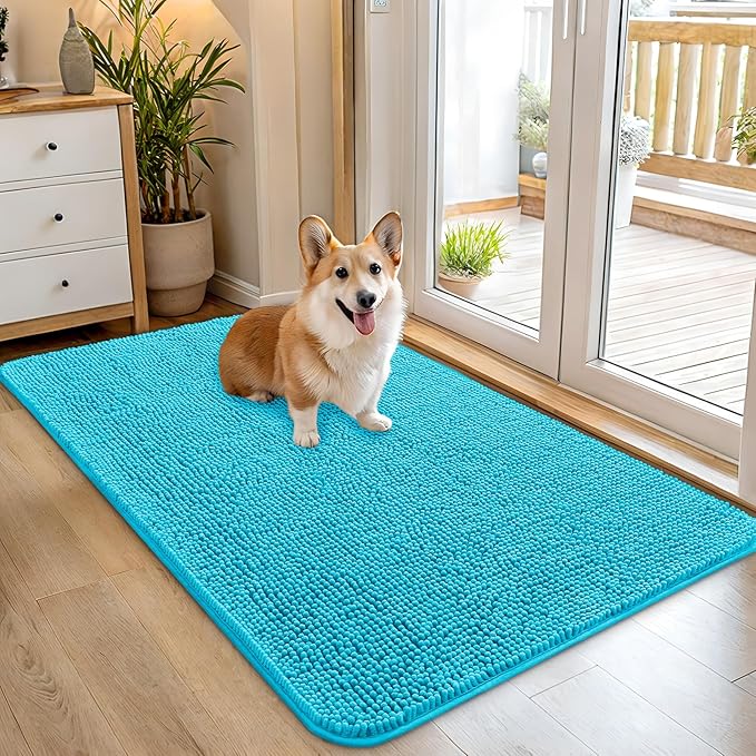 OLANLY Dog Door Mat for Muddy Paws 45x27, Absorbs Moisture and Dirt, Absorbent Non-Slip Washable Doormat, Quick Dry Chenille Mud Mat for Dogs, Entry Indoor Entryway Carpet for Inside Floor, Aqua Blue