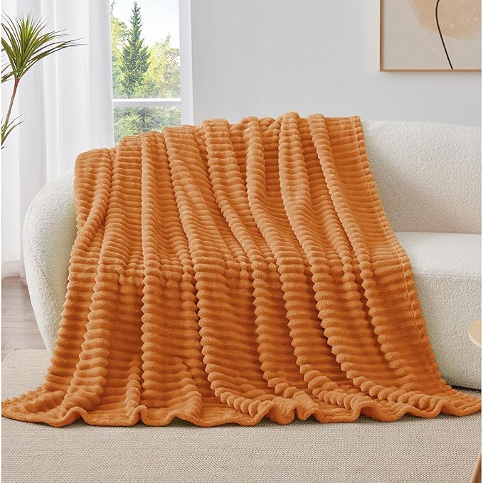 BEDELITE Twin Blanket for Couch & Bed, 300GSM Soft & Warm Fleece Blanket, Decorative and Giftable Striped Burnt Orange Blankets for Women, Men, 60"x80"