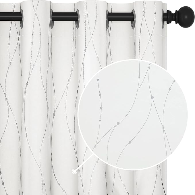 Deconovo White Curtains, Room Darkening Curtain, Thermal Insulated Noise Reduced Drapes, Wave Dots Silver Print, 52 x 95 Inch Long, Grommet Top, Window Panels for Living Room Bedroom Nursery, Set of 2