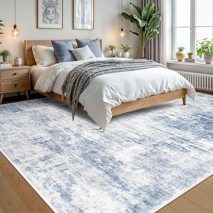 IOHOUZE Abstract Area Rugs 9x12 Ft Washable Large Rugs for Living Room, Non Slip Dining Room Rug, Printed Faux Wool Rugs for Bedroom, Floor Carpet for Office Nursery Playroom, Light Blue Grey