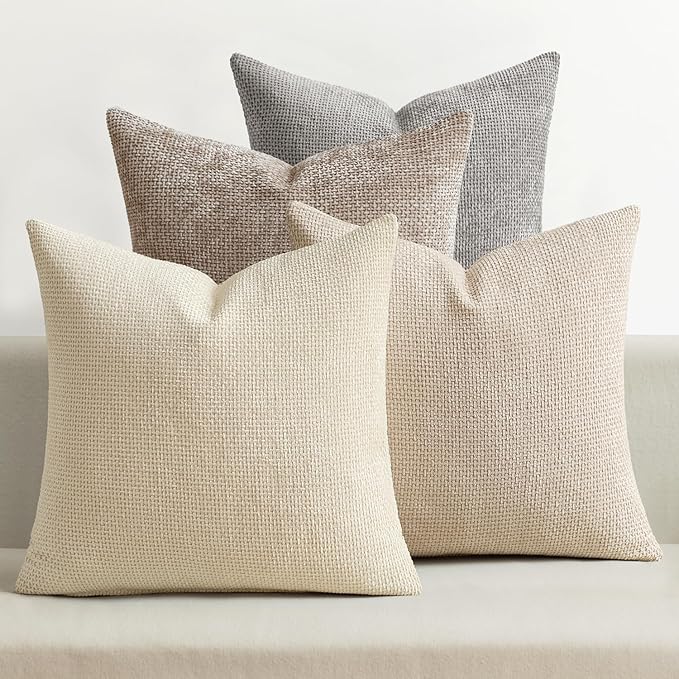 MIULEE Pack of 4 Couch Throw Pillow Covers 20x20 Inch Neutral Beige/Brown Soft Decorative Chenille Pillow Covers Farmhouse Accent Cushion Covers for Boho Spring Home Decor Sofa Bedroom Living Room