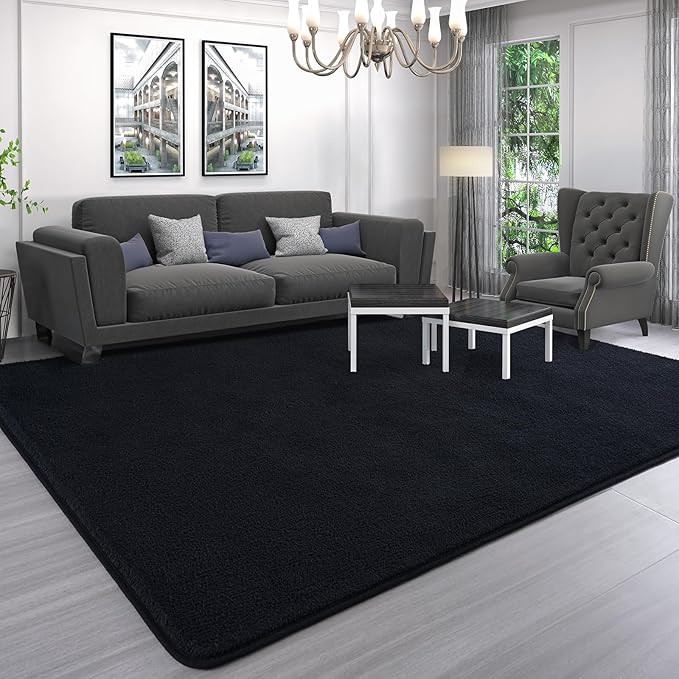 AROGAN Modern Shag Area Rug for Bedroom, 4x6 Feet Washable for Living Room, Indoor Floor Carpet, Plush Memory Foam Bedside for Kids Girls Teens Room, Low Pile Decor, Black