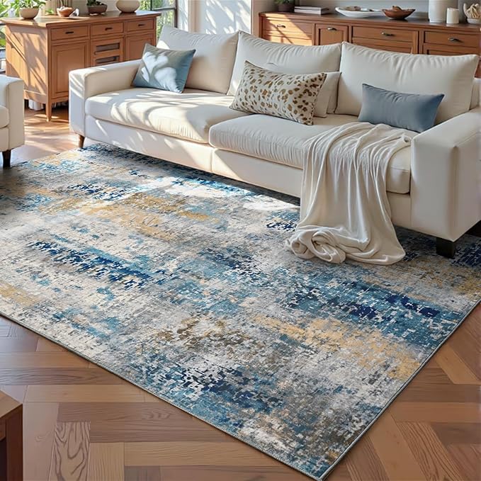 Ompaa Living Room Rug 5x8 Ultramarine Area Rug Machine Washable Boho Rug Non Slip Abstract Vintage Indoor Large Rugs for Bedroom, Classroom, College Dorm, Farmhouse, Dining Room, Kids Playroom