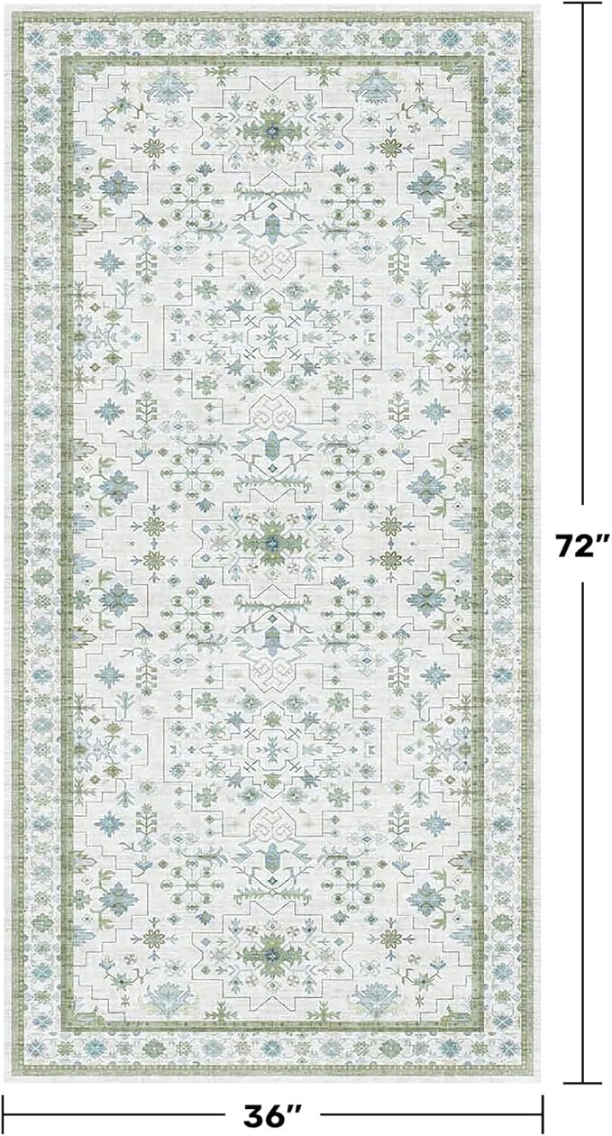 Hazo Haus Blue and Green Washable Rugs 3x6 - Vintage Boho Floral Pastel Cream, Washable Low Pile Non Slip Small Throw Accent Area Rug for Entry Way, Laudry Room, Kitchen, Bedroom Beside Bed Decor
