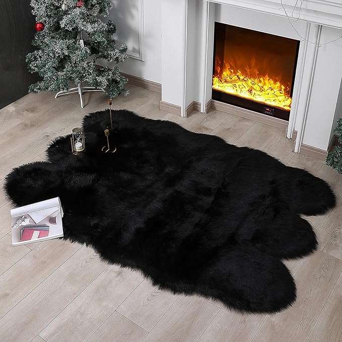 linmopm Faux Fur Rug Sheepskin Shag Fluffy Fuzzy Black 4x6 ft Rugs for Bedroom Bedside Bed Floor Living Room Plush High-Density Cushion Carpet Super Sofa Cover