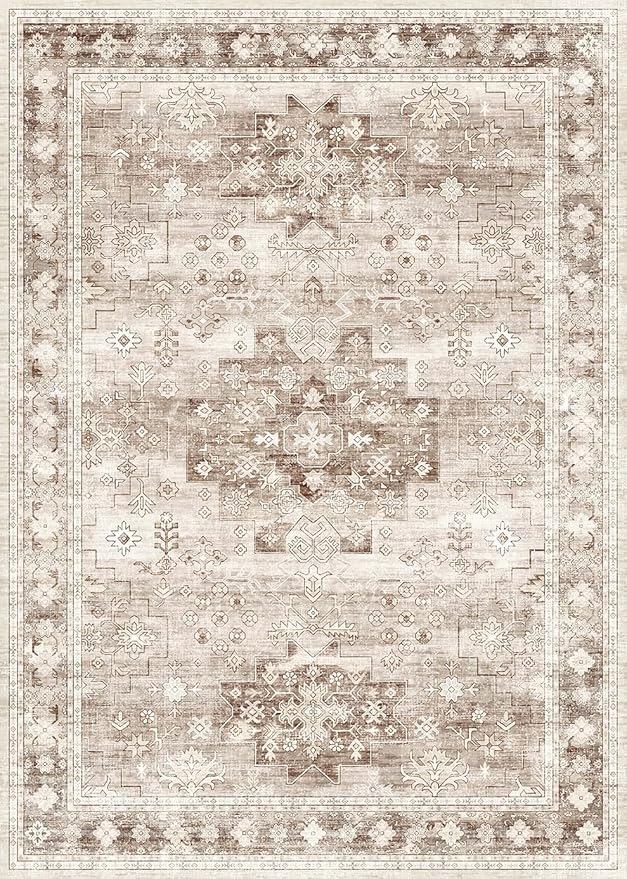 Washable Farmhouse Living Room Rug, 9x12 Area Rugs for Bedroom, Dining Room Under Table Carpet, Kids Room, Large Boho Vintage Non-Slip Floral Rugs Low Pile Stain Resistant (9x12 Beige/Latte)