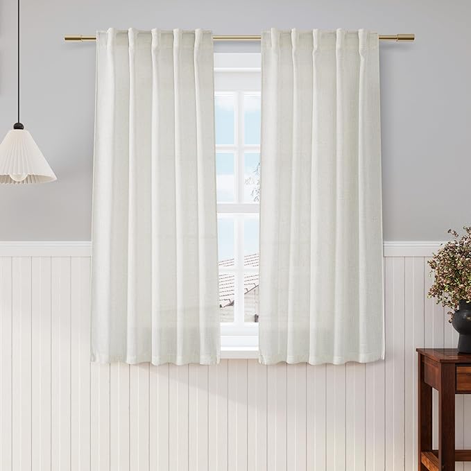 Nanspring Cream Cafe Curtains 54 Inch Length Set 2 Panel Back Tab Pocket Semi Sheer Short Linen Cream Curtain Tiers for Small Bathroom Window Basement 38x54