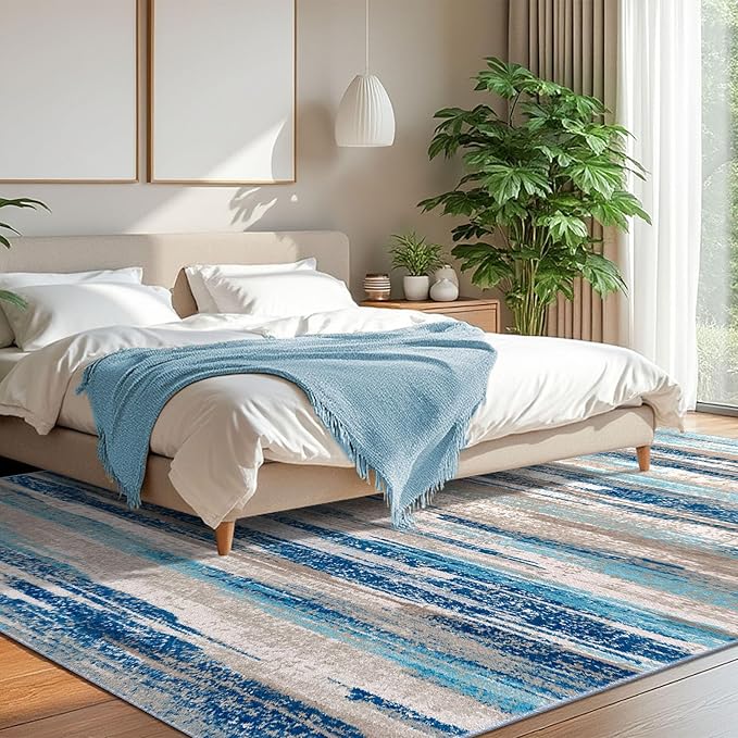 Lansny Modern Abstract 8x10 Large Machine Washable Living Room Rug Non-Slip Soft Bedroom Area Rug Blue Ultra Thin Print Faux Wool Carpet Throw Rugs for Nursery Playroom Dining Room Indoor Office