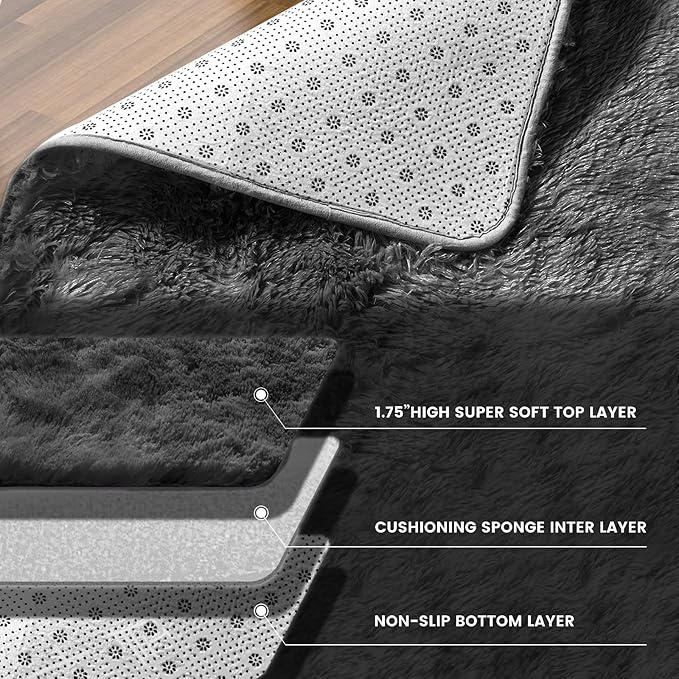 Cozy Shag Area Rug for Living Room, Anti-Skid Rectangular Indoor Floor Carpet for Kids Boys Girls Dorm Bedroom Playroom, Home Decor Aesthetic Enhancement (6x9 Feet, Solid Gray)