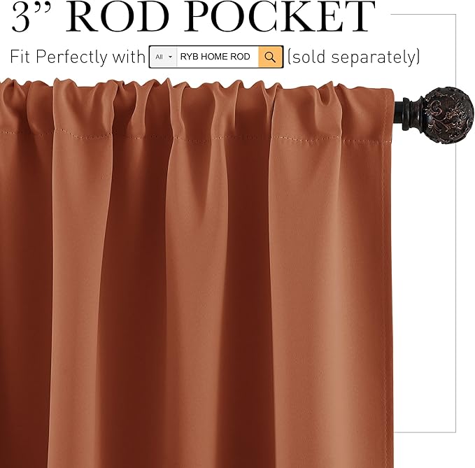 RYB HOME Basement Bathroom Kitchen Cafe Blackout Privacy Curtains, Short Insulating Light UV Heat Blocking Privacy Curtain Tiers for Laundry Room, Width 34 by Length 30, Burnt Orange, 2 Panels