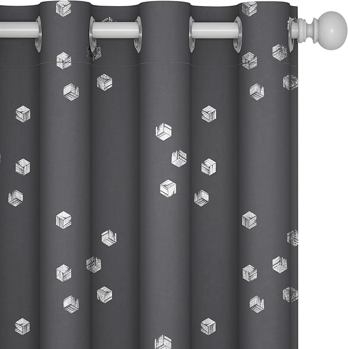Deconovo Designer Series Silver Cubic Print Blackout Curtains for Living Room Bedroom Sliding Glass Door, Thermal Insulated Soundproof Window Drapes, Dark Grey, 52W x 95L Inch, 2 Panels