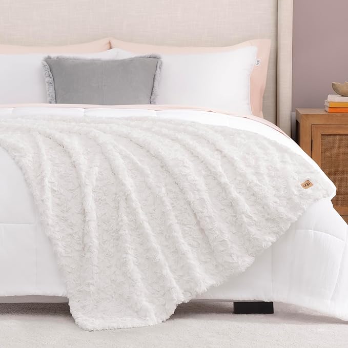 UGG Adalee Faux Fur Throw Blanket for Couch, Cozy Soft Blanket for Bed or Chair, Giftable Fluffy Throw, Machine Washable, Luxury Spring Home Decor, 50-inch x 70-inch, Natural White