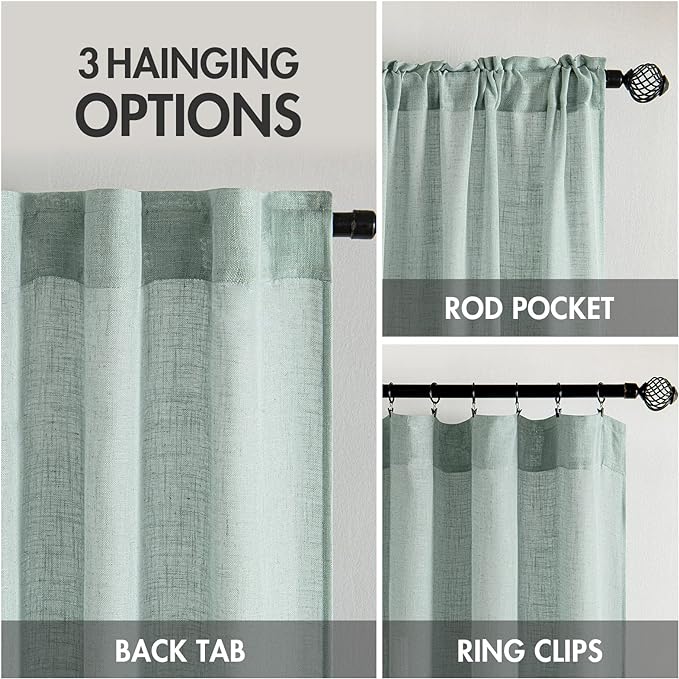 MIULEE Sea Green Linen Curtains 96 Inch Long for Bedroom Living Room, Soft Thick Linen Textured Window Drapes Semi Sheer Light Filtering Back Tab Rod Pocket Burlap Look Aqua Decor, 2 Panels