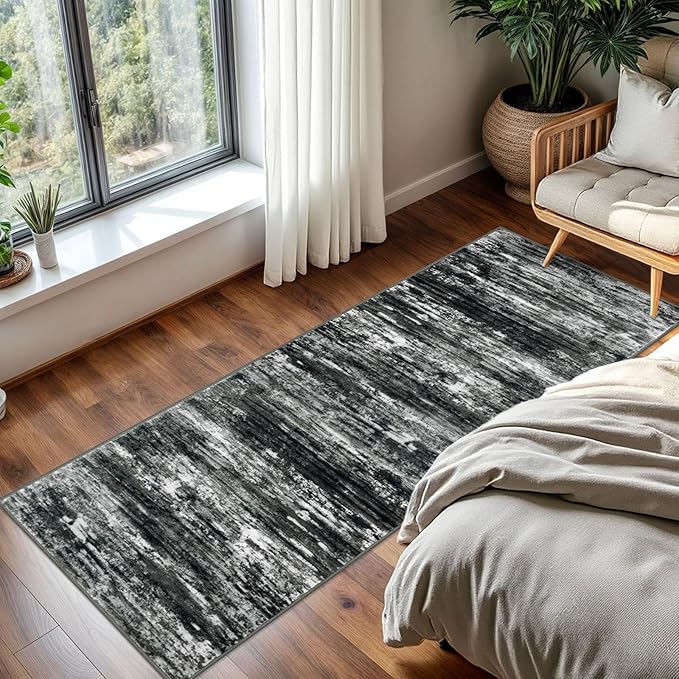 KOZYFLY Kitchen Runner Rug for Hallway Non-Slip Modern Abstract Runner Rug 2x5 Black Grey, Washable Carpet Runner Laundry Room Mat with Soft Low Pile for Entryway Bathroom Bedroom Kitchen