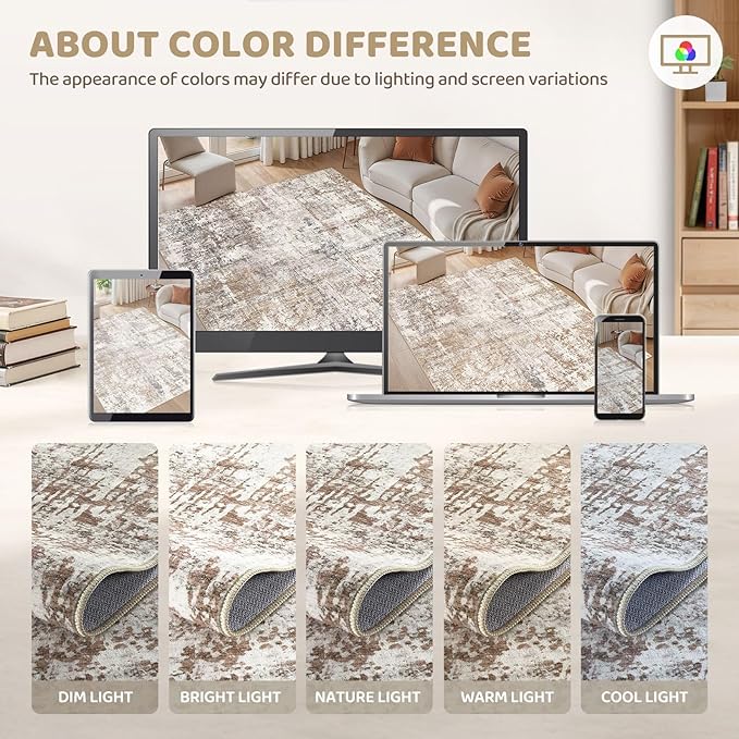 UERMEI 5x8 Area Rug Living Room Rugs - Washable Neutral Modern Abstract Soft Thin Rug Indoor Floor No Slip Rug Carpet for Bedroom Under Dining Table Home Office Decor - Brown/Grey/Red