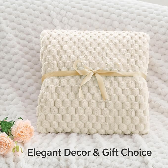 BEDELITE Fleece Blanket Twin for Bed Couch, 3D Jacquard Decorative Cream Throw, Soft Cozy Warm Plush Fuzzy, 60x80Inches