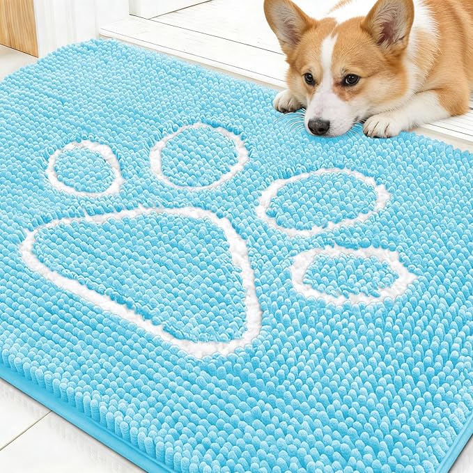 OLANLY Dog Door Mat for Muddy Paws 30x20, Paw Print Design, Absorbs Moisture and Dirt, Absorbent Non-Slip Washable Doormat, Quick Dry Chenille Mud Mat for Dogs, Entry Indoor Entryway Carpet, Blue