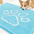 OLANLY Dog Door Mat for Muddy Paws 30x20, Paw Print Design, Absorbs Moisture and Dirt, Absorbent Non-Slip Washable Doormat, Quick Dry Chenille Mud Mat for Dogs, Entry Indoor Entryway Carpet, Blue