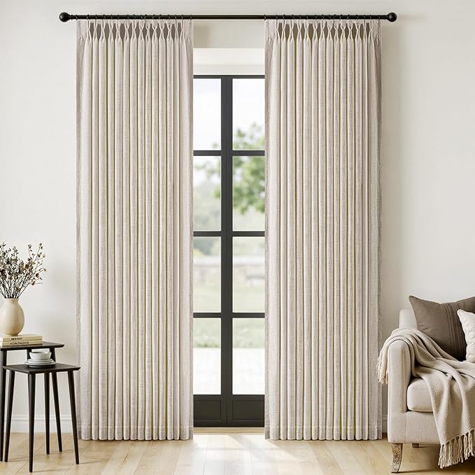 MIULEE Pinch Pleated Thick Linen Curtains 84 Inches Long 2 Panels for Living Room Bedroom, Linen Texture Memory Trained Pleat Drapes Back Tab Semi Sheer Privacy Neutral Ivory Cream Farmhouse Curtains