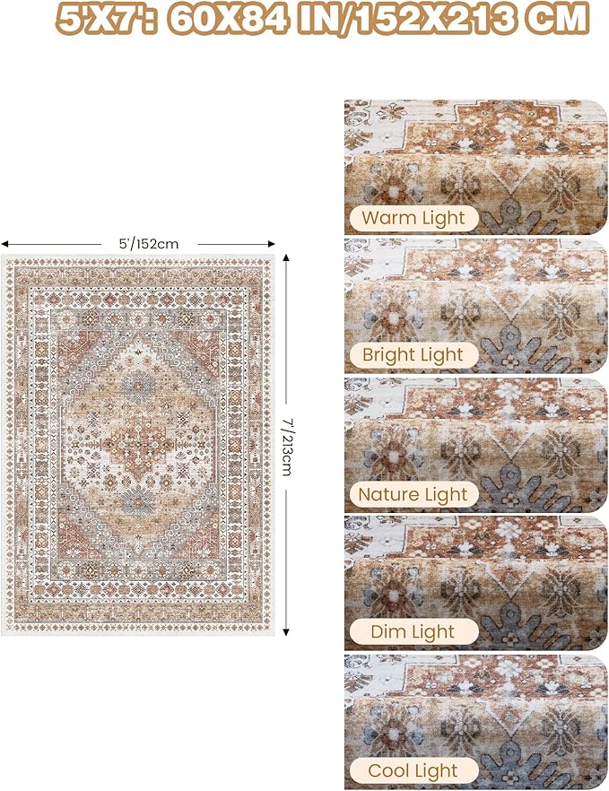 Area Rugs 5x7, Ultra-Thin Washable Rugs for Living Room, Anti-Slip Backing Area Rug for Bedroom, Soft Floral Vintage Home Decor Rug for Dining Room(Orange,5'x7')