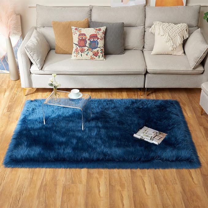 EasyJoy Ultra Soft Fluffy Shaggy Area Rug Faux Fur Rug Chair Cover Seat Pad Fuzzy Area Rug for Bedroom Floor Sofa Living Room (4 x 6 ft Rectangle,Dark Blue