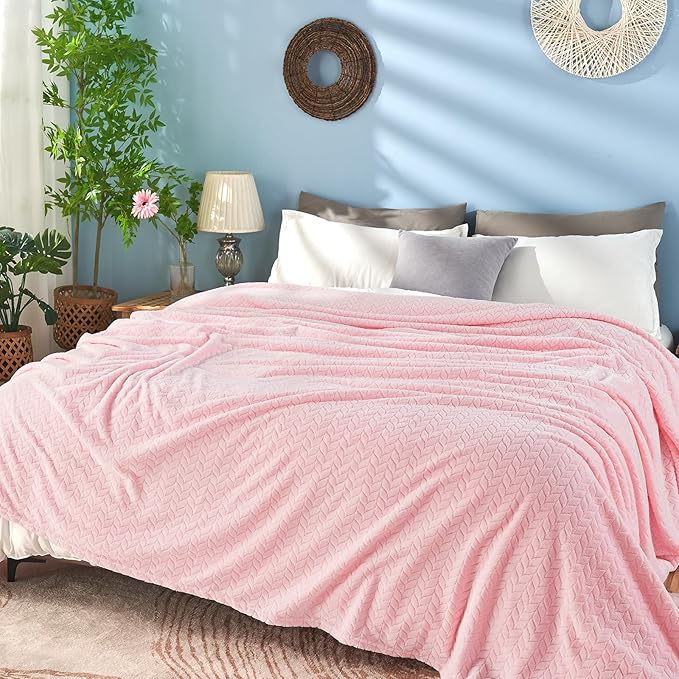 inhand Pink Fleece King Blanket for Bed, Super Soft Flannel Cozy Blankets for Adults, Lightweight Leaves Pattern Fuzzy Blanket for Office,Travel, Warm Plush Blankets for All Season, 90x108 Inches