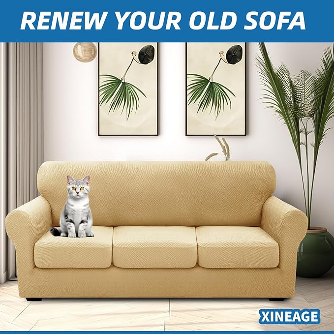XINEAGE 2026 New 4 Pieces Extra Large Couch Covers for 3 Cushion Sofa Super Stretch Sofa Cover for 3 Large Seat Cushion Universal Fitted Slip Cover for Living Room (Beige), 91"-110"(3 Cushions)