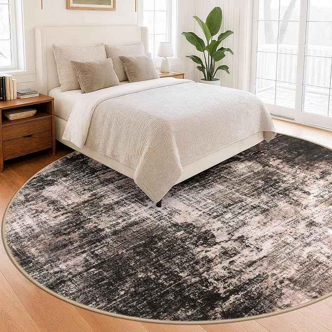 IOHOUZE Abstract Round Area Rug 8 Ft Washable Circle Rugs Large Round Rug Non Slip Thin Soft Circle Rugs, Printed Faux Wool Floor Carpet for Bedroom Living Room Dining Room Nursery, Brown/Rust