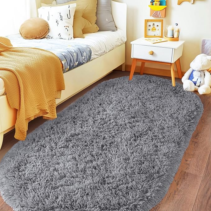 Pionblank Fluffy Oval Area Rug for Bedroom 3.3x6.2 Feet, Cute Plush Throw Rugs for Bedside, Ultra Soft Shag Carpet for Living Room Kids Room Nursery Teens Dorm Home Decor, Grey