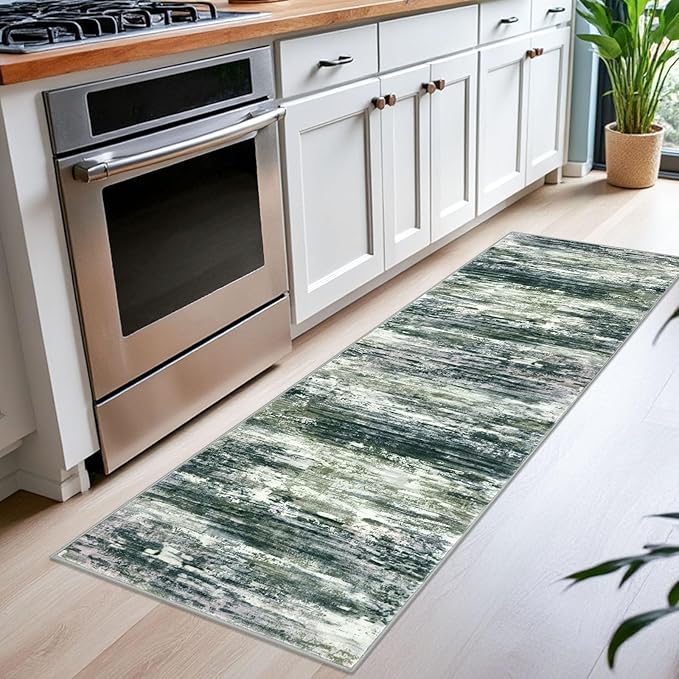KOZYFLY Modern Abstract Runner Rugs 2x6 Green Yellow Machine Washable Area Rug for Bedroom Non-Slip Living Room Rug, Faux Wool Soft Low Pile Office Carpet for Dining Room, Bedroom, Kitchen Bathroom