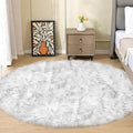 ORINOVA White and Grey Round Rugs 6ft Circle Furry Rug for Living Room Washable Shag Faux Sheepskin Fluffy Fur Rugs for Bedroom Nursery Rug
