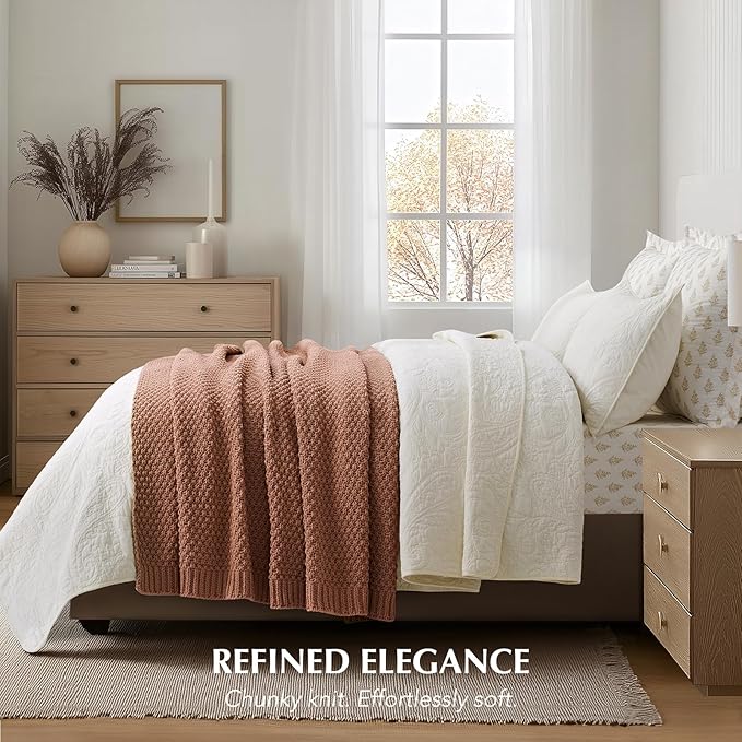EVERGRACEHOME Chunky Chenille Knit Throw Blanket for Couch, Soft Luxurious Moss Stitch Blankets for Bed, Cozy Decorative Farmhouse Knitted Throws for Sofa, Terracotta Clay, 60" x 80"