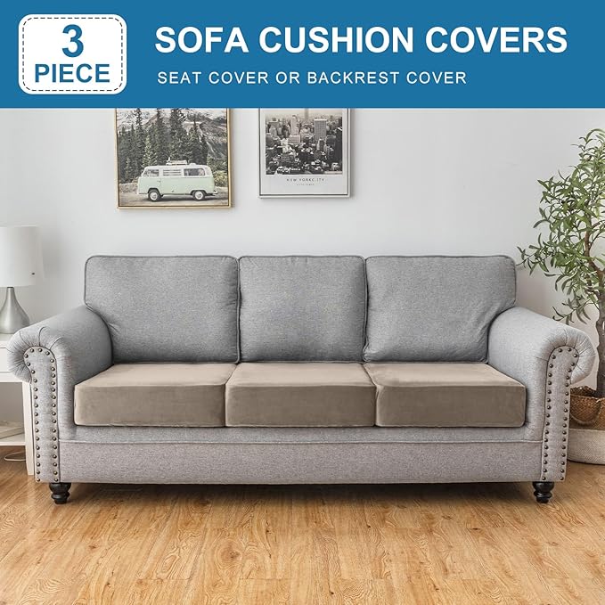 Couch Cover Stretch Velvet Sofa Cushion Cover 3-Piece - Elastic Washable Slipcover for Seat or Backrest, Couch Seat Covers for Sofas (Taupe)