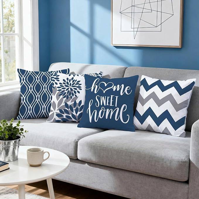 Hexagram Geometric Blue Pillow Covers 20x20 Set of 4, Decorative Outdoor Boho Modern Throw Pillow Covers, Home Sweet Home Farmhouse Cushion Case for Couch Sofa Bedroom Indoor Decor(No Insert)