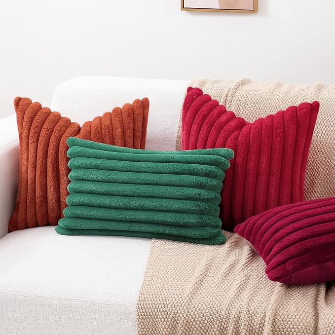 decorUhome Cozy Faux Fur Throw Pillow Covers 26x26 Set of 2 Decorative Soft Plush Striped Modern Farmhouse Boho Couch Euro Sham Pillow Cases with Velvet Back for Sofa Bed Living Room, Red
