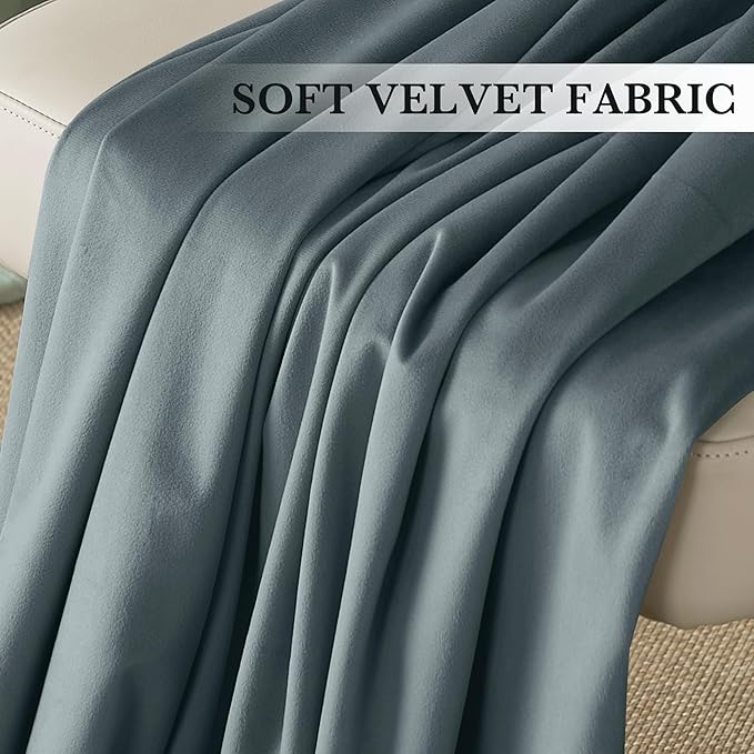 RYB HOME Dusty Blue Velvet Drapes for Baby Boy Bedroom, Thermal Insulated, Light Blocking, Floor-Length Velvet Curtains with Hook Belt for Modern Home Decor, 52" W x L84 L, 2 Panels Set